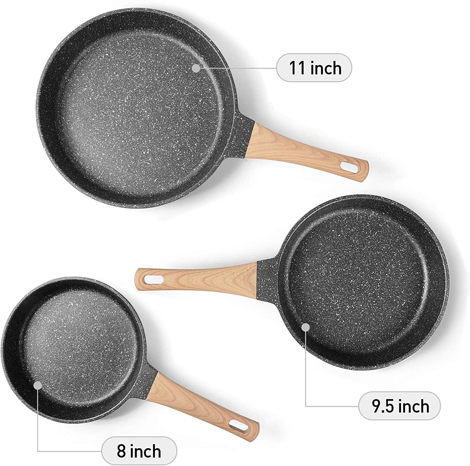 Frying Pans Nonstick, Induction Frying Pan Set Granite Skillet Pans for Cooking Omelette Pan Cookware Set with Heat-Resistant Handle, Christmas Gift for Women (8" &9.5" &11")